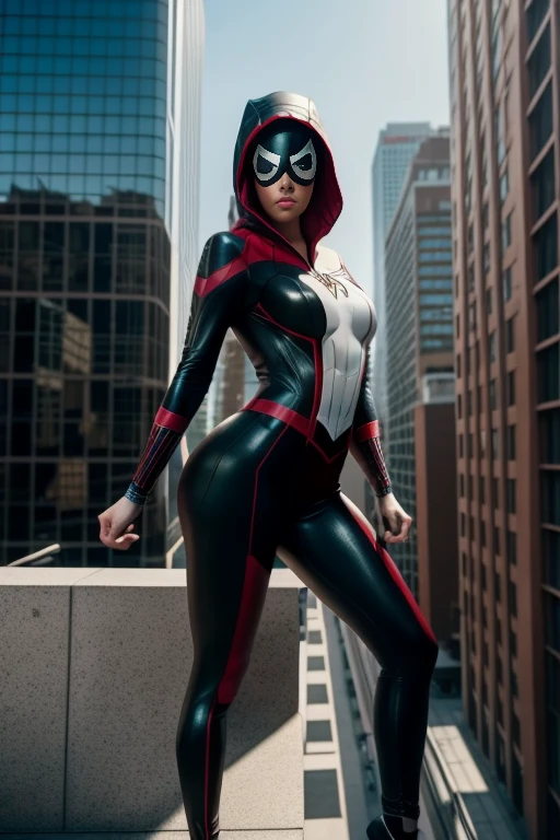 Detailed picture of Lindsey Strutt dressed as Spider-Gwen, hood, white and black, into the spider-verse, fully clothed, skin tight, wavy hair, posing, on edge of a building, lens glare