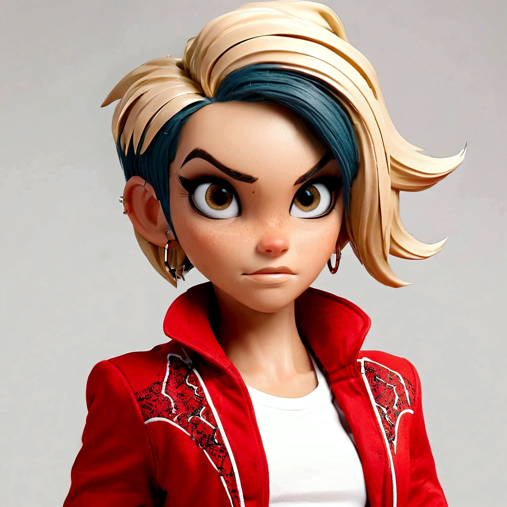 Blue hair, golden eyes. Short hair. Athletic build. Female. Red clothes. White background.