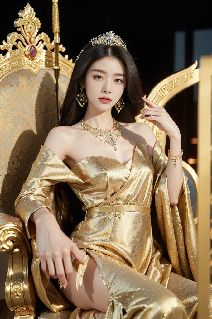 (((best quality))),(((ultra detailed))),(((masterpiece))),illustration,1 girl,solo,slim,thin,shoulder length straight bob hair,earrings,necklace,small breasts,flat chest,slender legs,high heels,Asian appearance,princess,royal,Chinese palace,night scene,magnificent dragon gown,golden crown,intricate embroidery,luxurious fabric,precious stones,(sitting on the metallic throne:1.3),decorative patterns,rich decorations,luxurious furnishings,regal charm,beautiful face,gentle smile,bright eyes,historical,traditional,city lights,modernity,frozen moment,beauty of the past,evolution of time,(from front:1.3),(spread legs apart:1.3),(upper body:1.2)