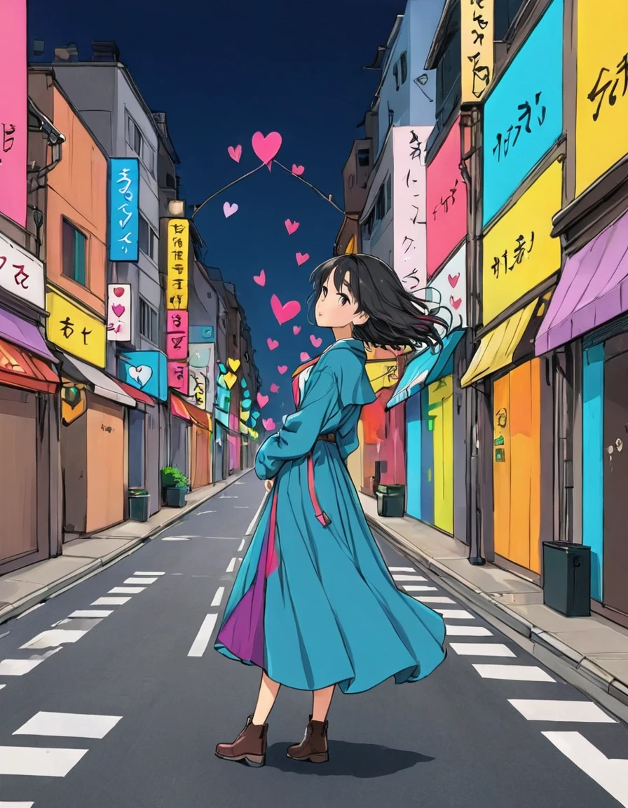 Seizo Watase style, Simple Line Initialism,Abstract art,Urban Background, colorful hearts ,(((The most beautiful girl of all time))),