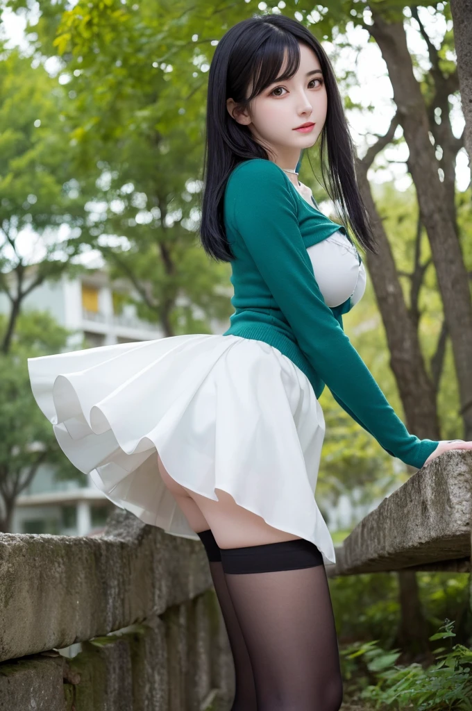 masterpiece, best quality, 1girl, aqua eyes, black hair, closed mouth, outdoors, solo,(((upon body))), alluring, clean, beautiful face,pure face, pale skin, sexy pose,((perfect female figure)), mature female, milf, underskirt,thighhighs