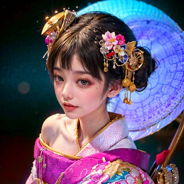 (PUNIPUNI clavicle KIMONO ((offshoulder)) KANZASHI FlowerHairpins Topknot TwinBun Oiran-Hair)High-level, 8K Masterpiece TopQuality, Ultra-detailed CG, Absurd detailed wallpaper, PerfectLighting, Extremely detailed (((Personifying " OIRAN " as a KAWAII Girl))), Characteristic Items, aesthetic LifeLike Rendering, MysticSight, Haze Tyndall Scattering, (Studio DARK Background with (Oodles Dazzling Iridescent 🌈Particles (BokeH))), (((Assfocus)) RoundlyButt) ThighGap, (Exposed:0.55) 🔞 BREAK (Acutance:0.8), (NOGIZAKA FaceVariations) Extremely Detailed very KAWAII FaceVariations, Childish CaptivatingGaze ElaboratePupils ParfectEyes with (SparklingHighlights:1.28), (Voluminous LongEyelashes:0.88), 💄💋✨ GlossyRedLips with BeautifulDetails, CoquettishTongue, PUNIPUNI RosyCheeks, Radiant PearlSkin with Transparency, Glowing DowneyHair . { (Dynamic LifeLike expressions:1.4) | (:d) }, (large eyes:-1) .