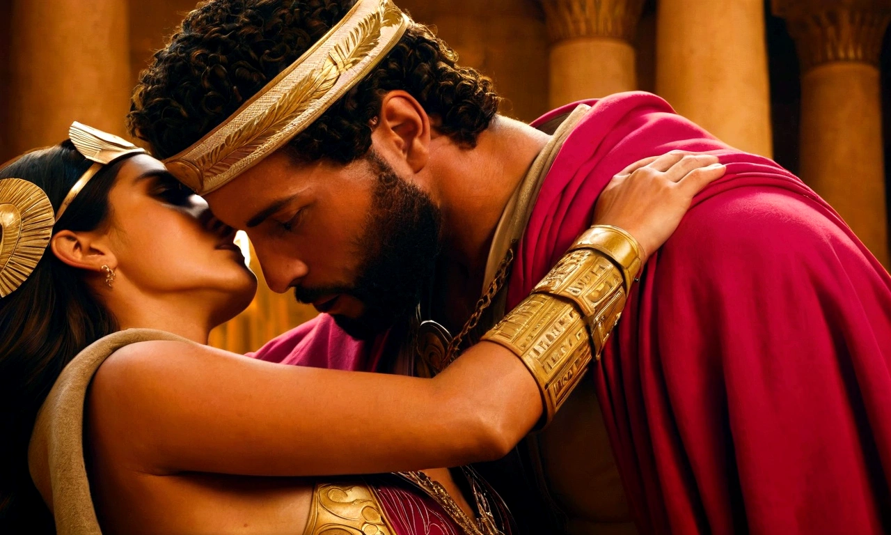 A thumbnail apresenta uma cena que parece ser uma imagem digital, portraying a romantic and historical situation. The central figures are a woman and a man in an intimate, passionate pose. The woman, dressed in a richly ornate golden costume and elaborate accessories, including an Egyptian diadem, displays a majestic and regal appearance. Your hair is done in a sophisticated way.
next to her, the man wears a tunic and a red cape, representing a Roman military leader. The proximity between them, with their foreheads almost touching, suggests a time of deep emotional connection and vulnerability.
The background of the image is made up of grandiose columns, evoking an ambiance of an ancient palace or temple, which adds a touch of majesty and historicity to the scene.
Red hearts float around the couple, highlighting the theme of love and romance. O texto na thumbnail é grande e colorido, located at the bottom of the image. As palavras "history of love" are highlighted in vibrant colors: "history" in hot pink and "of love" in bright yellow, contrasting strongly with the dark background, what attracts the viewer's attention to the central theme.
This image, with its detailed and dramatic look, appears to be a digital illustration or a movie scene, capturing an epic and romantic moment, promising an engaging narrative about a legendary and emotional relationship.