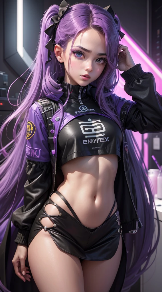 motor irreal:1.4,UHD,La mejor calidad:1.4, fotorrealista:1.4, textura de la piel:1.4, Create an extraordinary 8K masterpiece with the facial portrait of an 18-year-old anime girl. Ella posee llamativos ojos azules y largos, Cabello morado lavanda claro de dos tonos. Her overall appearance exudes a gamer girl aesthetic, and is dressed in a stylish blue outfit. Place the character inside a room bathed entirely in bright purple neon lights, creando un ambiente inspirado en el cyberpunk. The entire room should be illuminated with neon purple light, No visible room details, excepto por el brillo vibrante. This setting creates a blurred background effect that enhances the overall environment. El maquillaje del personaje debe ser meticulosamente elaborado, with impeccable red lipstick, lashes, y ojos ultra detallados. Pay special attention to the ultra-detailed face, labios, and the unique hair intakes that make it distinctive. Her very long hair should be a prominent feature in this portrait.............., Enhanced by cinematic lighting to accentuate its eye-catching features. Add a touch of mystique to the artwork by including an ancient scroll with the words 'ME♡XO' written on it, Held or prominently displayed within the composition. Este pergamino debe ser un elemento clave del retrato. Los ojos del personaje deben emitir un brillo azul cautivador, alinearse perfectamente con el tema gamer. El resultado final debe ser una verdadera obra maestra, enfatizando detalles sorprendentes en este retrato facial 8K. It must capture the essence of a unique and stern anime player girl while focusing solely on her face.............., with the entire room illuminated by neon purple light. (Laboratorio marte planeta:1.4) 8k, 。.........................................3D, realista, Ultra Micro Photography, of the highest quality, Super detalle CG Unity 8k,Cara perfecta