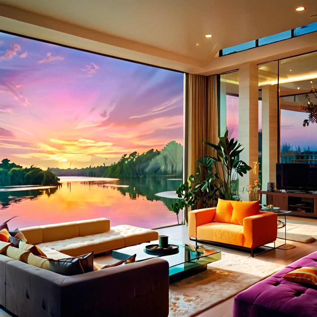 A luxurious and modern living room with a stunning sunset view over a serene lake. The room features floor-to-ceiling glass windows, allowing the vibrant colors of the sunset to flood the space. The interior includes a comfortable sectional sofa with plush cushions, a sleek coffee table, and minimalist decor. The room is illuminated by recessed lighting, creating a warm and inviting atmosphere. The design is enhanced by elegant indoor plants and soft, ambient lighting from lanterns placed strategically around the room