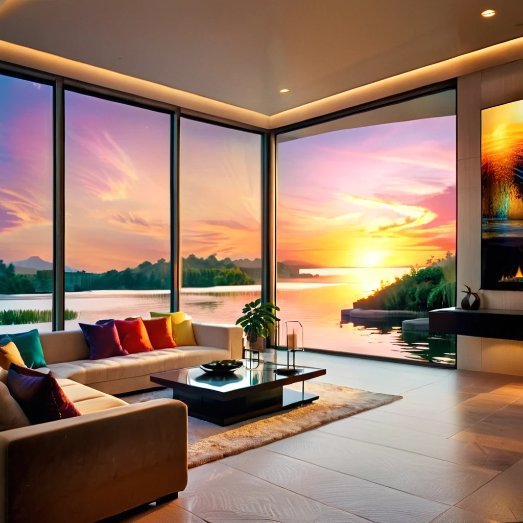 A luxurious and modern living room with a stunning sunset view over a serene lake. The room features floor-to-ceiling glass windows, allowing the vibrant colors of the sunset to flood the space. The interior includes a comfortable sectional sofa with plush cushions, a sleek coffee table, and minimalist decor. The room is illuminated by recessed lighting, creating a warm and inviting atmosphere. The design is enhanced by elegant indoor plants and soft, ambient lighting from lanterns placed strategically around the room