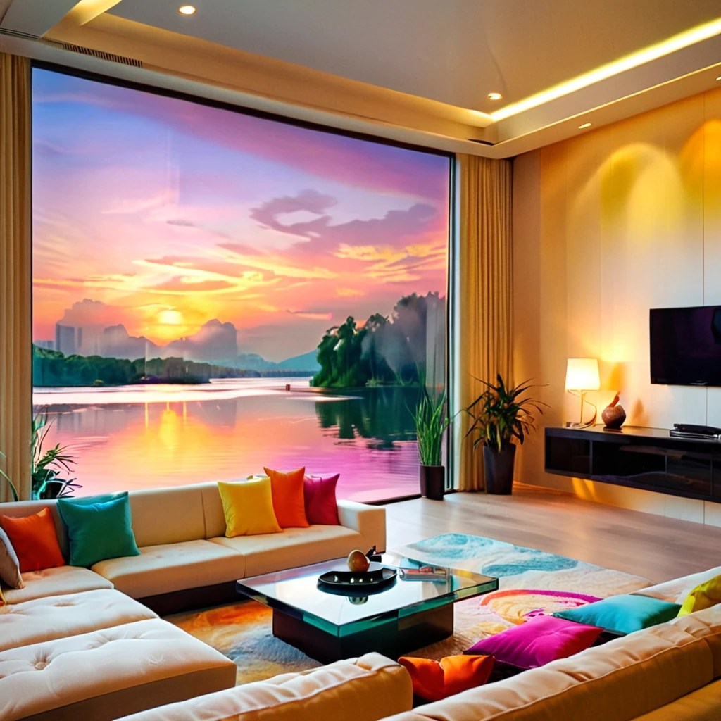 A luxurious and modern living room with a stunning sunset view over a serene lake. The room features floor-to-ceiling glass windows, allowing the vibrant colors of the sunset to flood the space. The interior includes a comfortable sectional sofa with plush cushions, a sleek coffee table, and minimalist decor. The room is illuminated by recessed lighting, creating a warm and inviting atmosphere. The design is enhanced by elegant indoor plants and soft, ambient lighting from lanterns placed strategically around the room