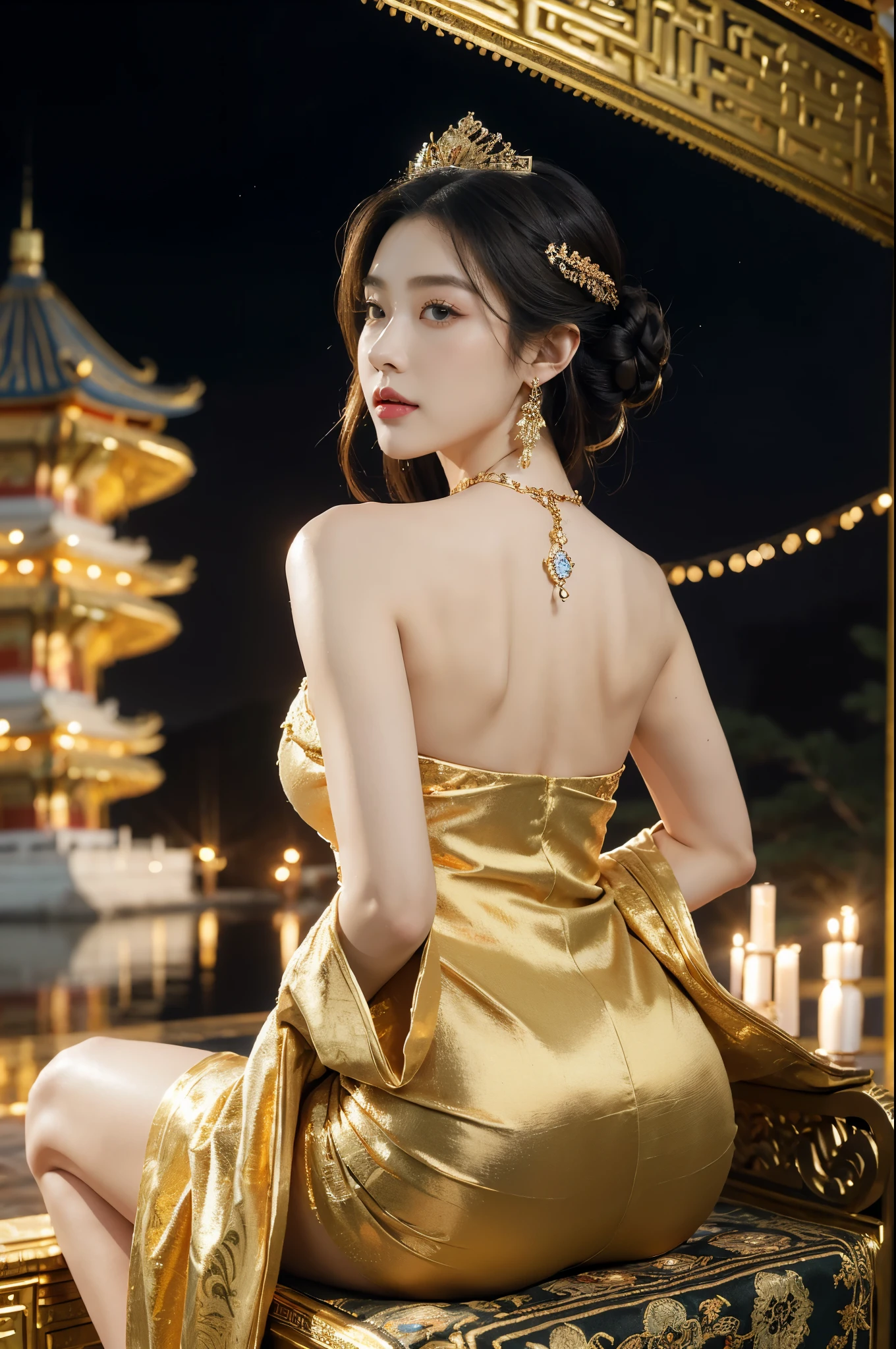 (((best quality))),(((ultra detailed))),(((masterpiece))),illustration,1 girl,solo,slim,thin,shoulder length straight bob hair,earrings,necklace,small breasts,flat chest,slender legs,high heels,Asian appearance,princess,royal,Chinese palace,night scene,magnificent dragon gown,golden crown,intricate embroidery,luxurious fabric,precious stones,(sitting on the metallic throne:1.3),decorative patterns,rich decorations,luxurious furnishings,regal charm,beautiful face,gentle smile,bright eyes,historical,traditional,city lights,modernity,frozen moment,beauty of the past,evolution of time,(from front:1.3),(arms behind back:1.3),(spread legs apart:1.3),(upper body:1.2)