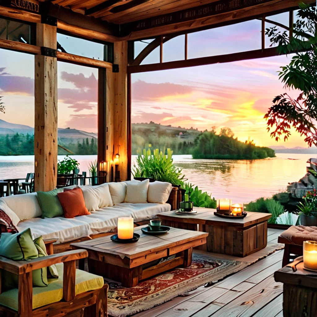 A cozy and rustic living room with a picturesque sunset view over a tranquil lake. The space is adorned with wooden furniture, including a large, inviting sofa covered in soft throws and pillows. A rustic coffee table sits in the center, surrounded by warm-toned decor elements. The room features floor-to-ceiling glass doors that open to the outside, blending indoor and outdoor living. Lanterns and candles provide a gentle, ambient glow, complemented by lush indoor plants that add to the serene and natural vibe of the space.