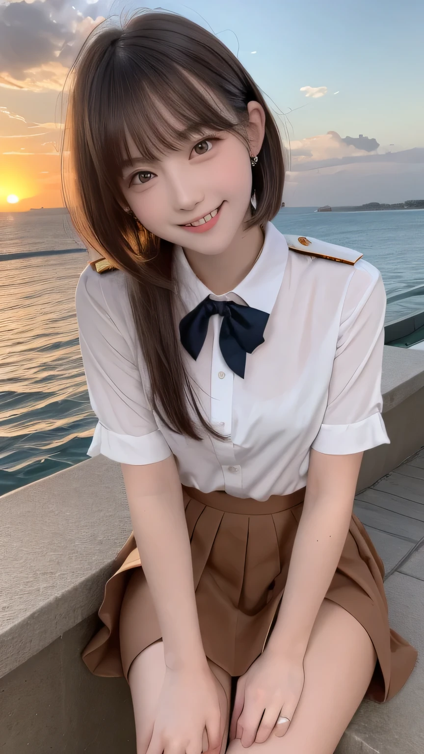 closeup shot , Best picture quality (8K, high resolution, Masterpiece: 1.2), super detailed,  215 Short Hair, -yeld wo, 

 Against the background of orange sunset sky、Clouds and sun setting over the sea, Beautiful girl sitting in uniform. her hair is light brown, Medium bob style. She wears a white blouse and pleated skirt as her uniform. She is sitting with her legs spread, , Shooting from below, Esbian all over,


, Close-up of face 

, random cute pose ,big eyes ,Puffy eyes ,  Heart Pupil, blush  , huge shy smile , salute
