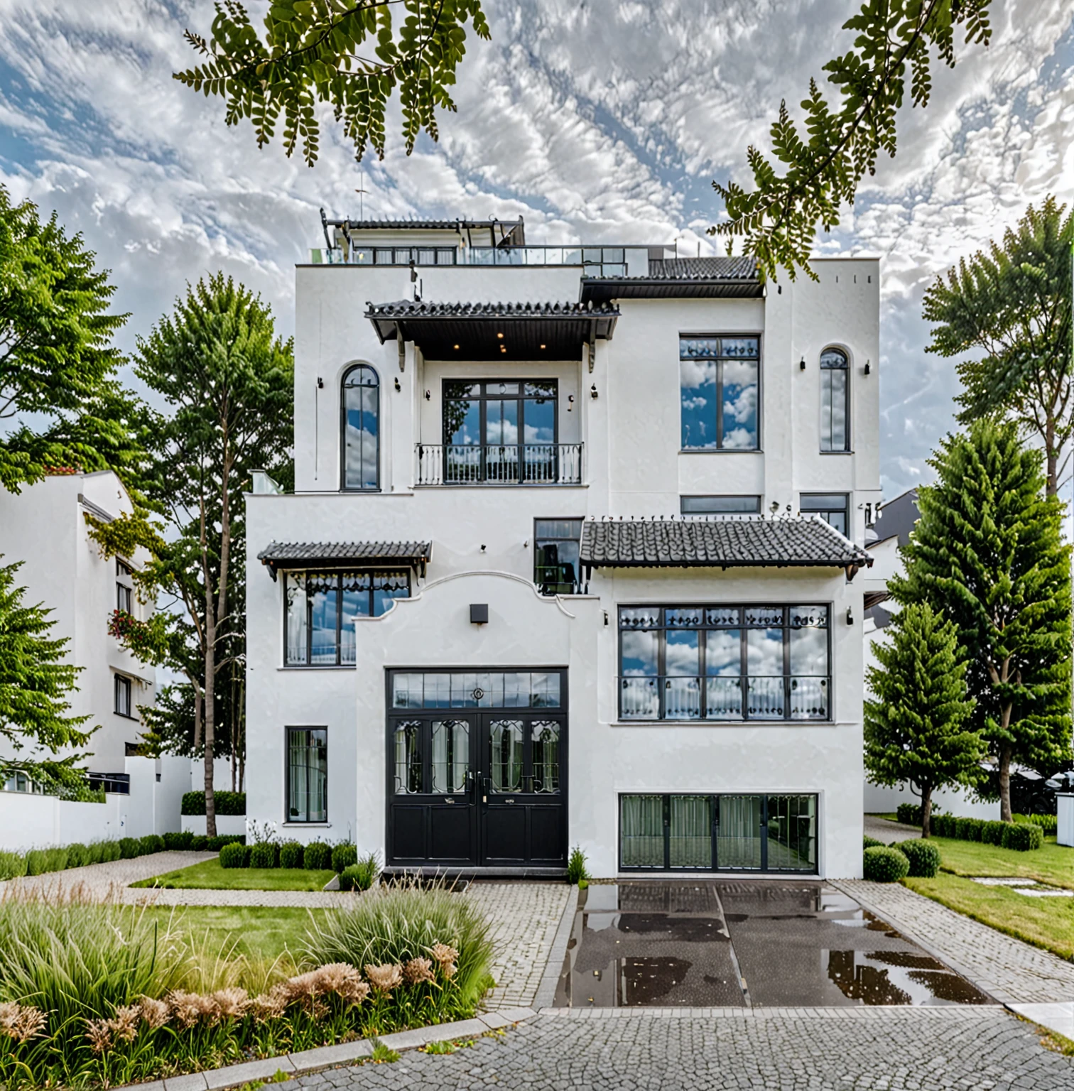 Raw photo,Masterpiece, high quality, best quality, authentic, super detail,
outdoors, house style modern,bietthuhn, white wall, glass windows, gate
road,pavement, grass, trees, sky, cloud, (day:1.1),