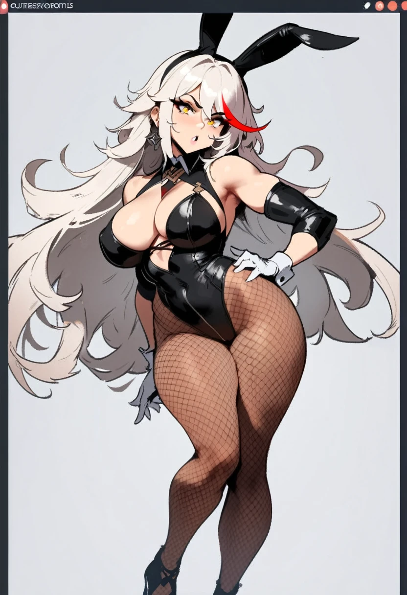 1girl, aegir \(azur lane\), azur lane \\\\\ masterpiece, best quality, very aesthetic, absurdres, newest \\\\\\ sportive body, \\\\\\ by nyantcha,,by cutesexyrobutts,by khyle ///// white hair with a single prominent red streak, black horns, yellow eyes, \\\\\\ bunnysuit without bunny ears,white background,standing, fishnet pantyhose, model concept art