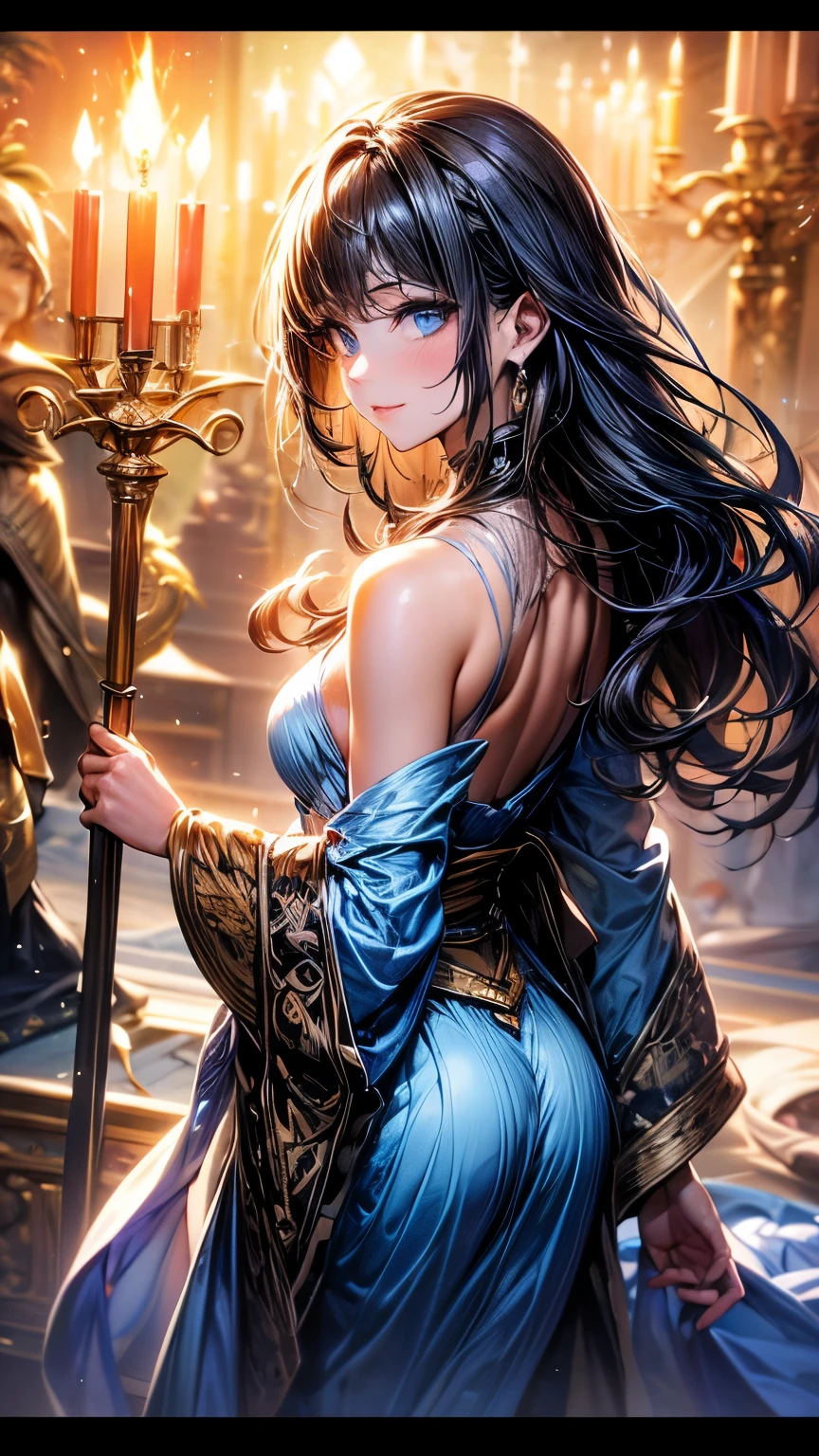 8K resolution, masterpiece, Highest quality, Award-winning works, unrealistic, From above, erotic, Only sexy women, healthy shaped body, 22 years old, Black Mage, Height: 165cm, Large, firm, swaying bust,, Silvery long wavy hair, Detailed facial depiction, break, Mysterious blue eyes, Standard nose, eyeliner, Pink Lips, Sexy long legs, Transparent muscle, holy knight, Gothic ruffle long dress, A dress with a complex structure, Seven colourful dresses, Clothed in flames, royal coat of arms, elegant, Very detailed, Delicate depiction of hair, Miniature Painting, Digital Painting, artステーションコンセプトart, Smooth, Sharp focus, shape, artジャム、Greg Rutkowski、Alphonse Mucha、William Adolphe Bouguereau、art：Stephanie Law , Royal Jewel, nature, Symmetric, Greg Rutkowski, Charlie Bowwater, unrealistic, Surreal, Dynamic Lighting, ファンタジーart, Complex colors, Colorful magic circle, flash, dynamic sexy pose, A kind smile, Mysterious Background, aura, A gentle gaze, break, Small faint lights and flying fireflies, night, lanthanum, 山の頂From above下界を見下ろす, Starry Sky, milky way, nebula, shooting star, A sacred staff that emits a brilliant light, Back view, Facing the camera