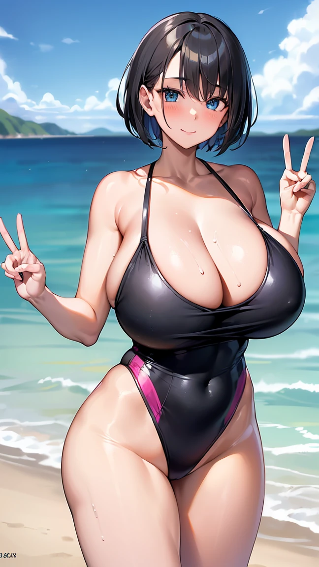(5fingers, one hand peace sign:1.6), (gleaming skin:1.3), mature woman, A milf with black short hair, sky-blue eyes, wearing a one-piece swimsuit, gigantic breast,standing, beach. crowd. arms behind back.