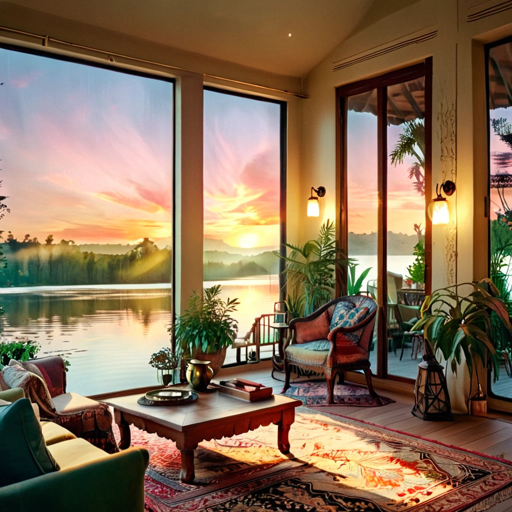 A vintage-inspired living room with a breathtaking sunset view over a peaceful lake. The room features large, framed glass doors that open wide to reveal the stunning view. The interior is decorated with antique furniture, including a comfortable armchair and a wooden coffee table. Vintage rugs and tapestries add warmth and character to the space. Soft lighting from vintage-style lamps and candles creates a cozy, nostalgic atmosphere. Indoor plants and decorative lanterns complete the inviting and charming design