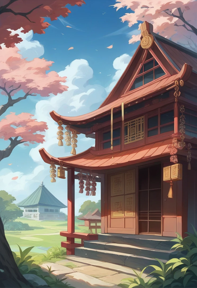 RPG、Fantasy、Cat ear、Cat ear美女、organdy、The lucky cat is located in a circular thatched hut., Chinese Ancient Building Accessories, Cherry tree, Pasture, rockery