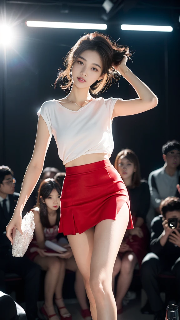 8K, masterpiece, RAW photos, best quality, Reality, extremely detailed CG unity 8K wallpaper, Depth of Field, light, lens flare, Ray Tracing, (Extremely beautiful face, Beautiful lips, beautiful eyes), Complex facial details, ((Ultra-delicate skin)) 1 Girl, in the darkness, Deep Shadows, Beautiful Korean girl, Korean Idol,(Very slim slender fit-muscled body:1.3), ((Looking at the audience)),(A bright smile:1.3), (Fashion City Night, (Neon), (Blurred background), midnight, (nobody), (背景中nobody:1.3), Beautiful Korean girl, White Diamond Earrings, Diamond Bracelet, Deya Necklace, Pantyhose, Clear eyes, walk , front Photo, (Pale skin), Facing forward, (big eyes), full-body shot, ((see through, White top)), ((Red Skirt :1.3)), (Brown hair) (Looking at the audience:1.3), (Lace), Very slim, Medium breasts, Hermès bag