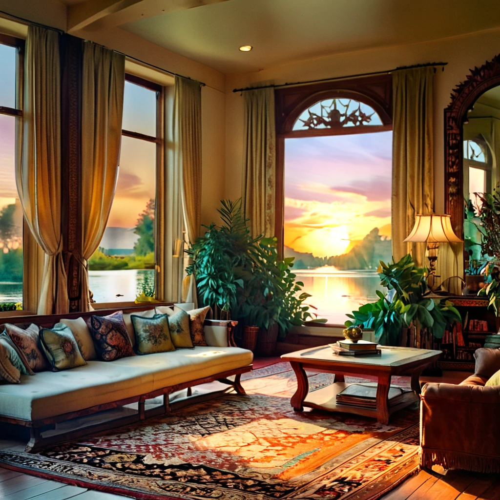 A vintage-inspired living room with a large open window showcasing a sunset over a tranquil lake. The room is adorned with antique furniture, ornate rugs, and elegant drapery. The color palette includes rich, warm tones, and the space is enhanced with indoor plants, classic artwork, and soft, romantic lighting