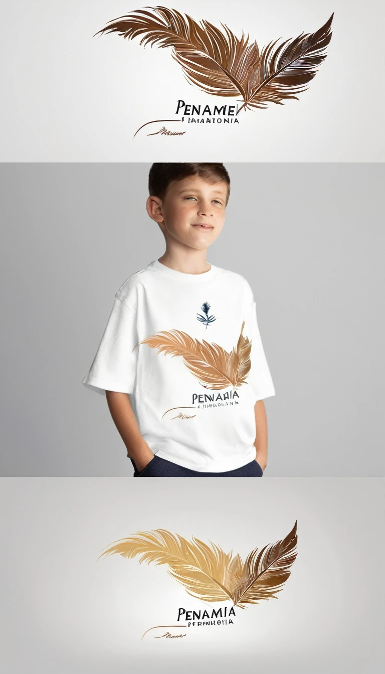Create a minimal, modern, simple, inspirational, memorable, dream like logo design of a boy and a feather for the brand “Penamemoria".