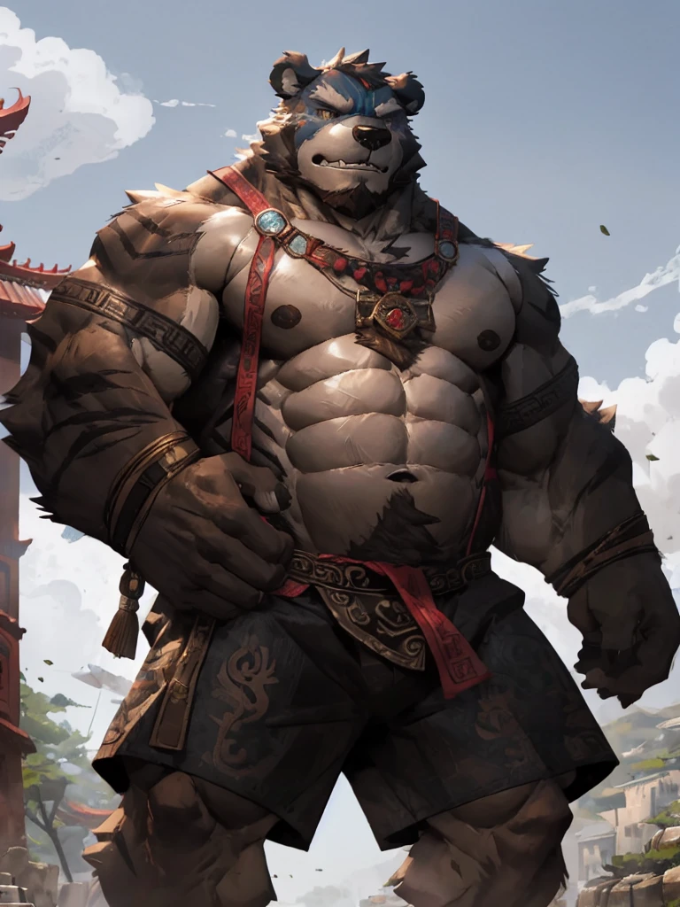 furry character,A very tall anf strong bear,He was bare-chested and wearing a pair of cloth shorts,he is a chinese bandit,With a fierce look on his face,he is middle age,The Bandit Stockade,ancient style,by lindong