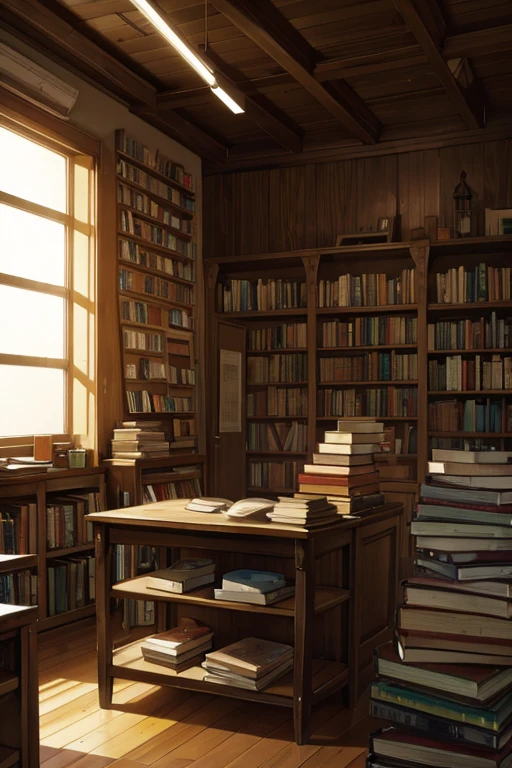 A moment at a used bookstore Faded books on wooden shelves in a secondhand bookstore