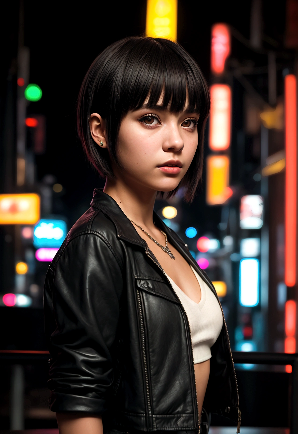 cinematic realistic portrait of a young girl, adolescent, caucasiana, fly away, modern casual dark clothes, alternative style, dolce, nice, Beautiful woman, short hair with bangs, honey eyes, Nightlife in Tokyo, neon lights