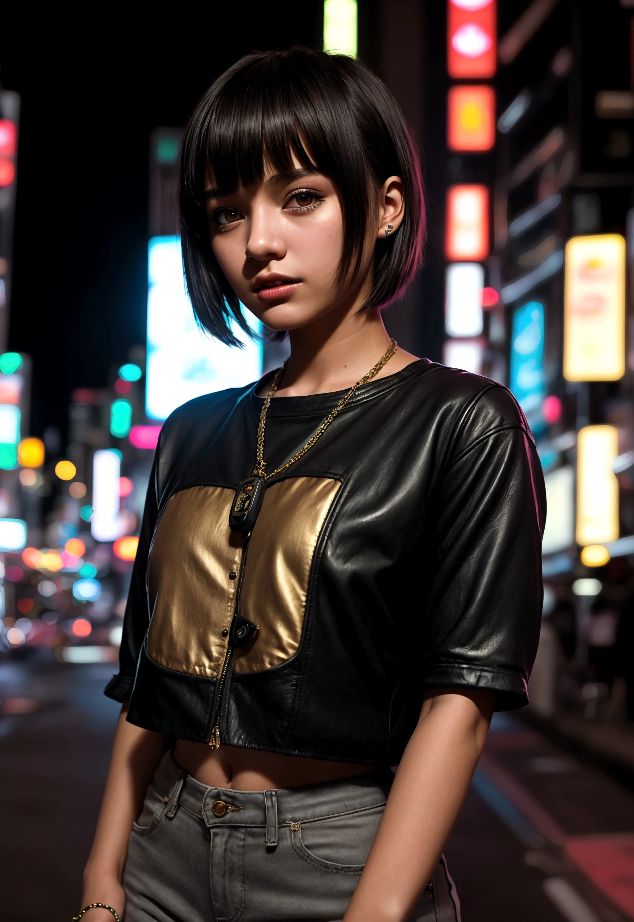cinematic realistic portrait of a young girl, adolescent, caucasiana, fly away, modern casual dark clothes, alternative style, dolce, nice, Beautiful woman, short hair with bangs, honey eyes, Nightlife in Tokyo, neon lights