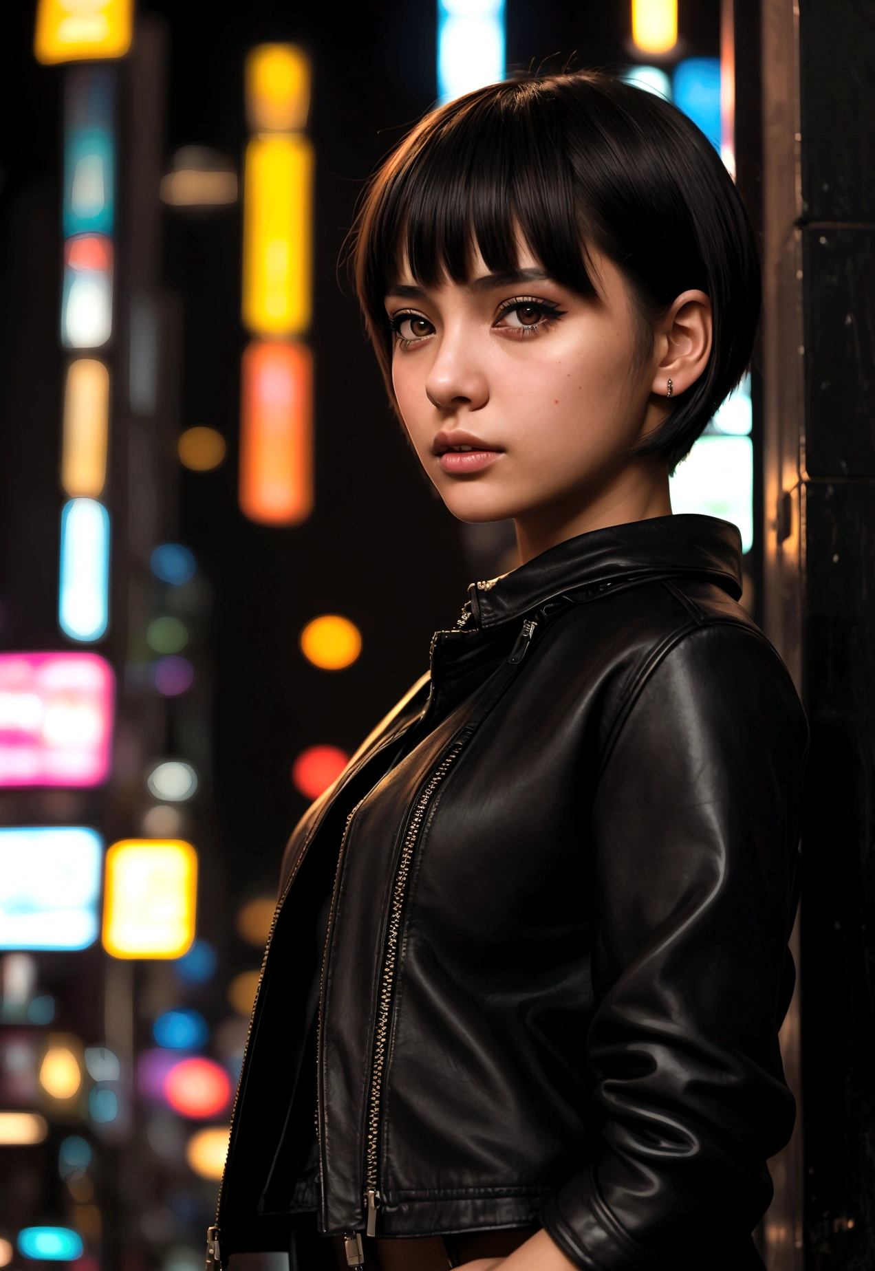cinematic realistic portrait of a young girl, adolescent, caucasiana, fly away, modern casual dark clothes, alternative style, dolce, nice, Beautiful woman, short hair with bangs, honey eyes, Nightlife in Tokyo, neon lights