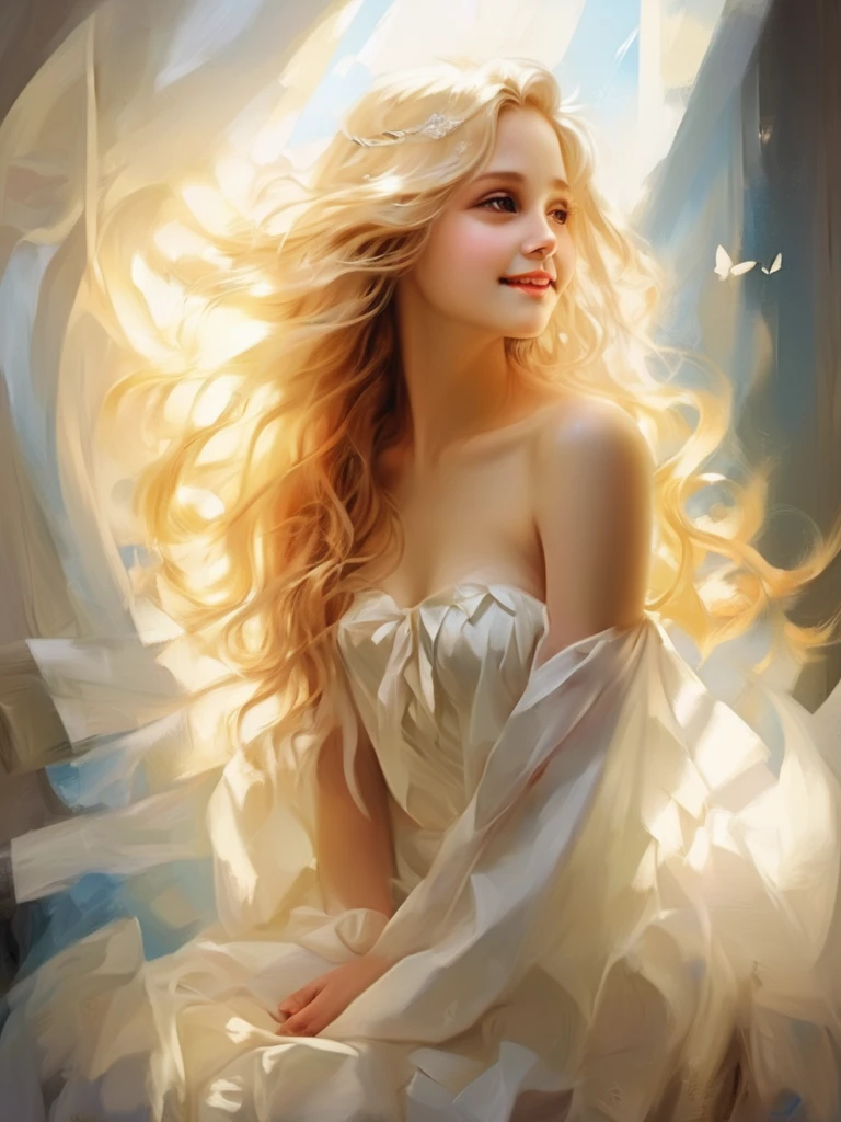 1 Angel Girl, Facing forward、Wings on your back、Blonde, Long Hair, alone、smile、magic, Strapless White Dress、Hopeful Face、
