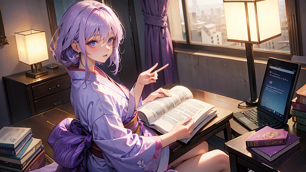woman clear Light purple hair kimono Anime Style reading literature Study