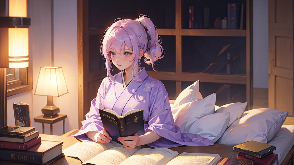 woman　clear　Light purple hair　　kimono　　Anime Style　reading　literature　Study
