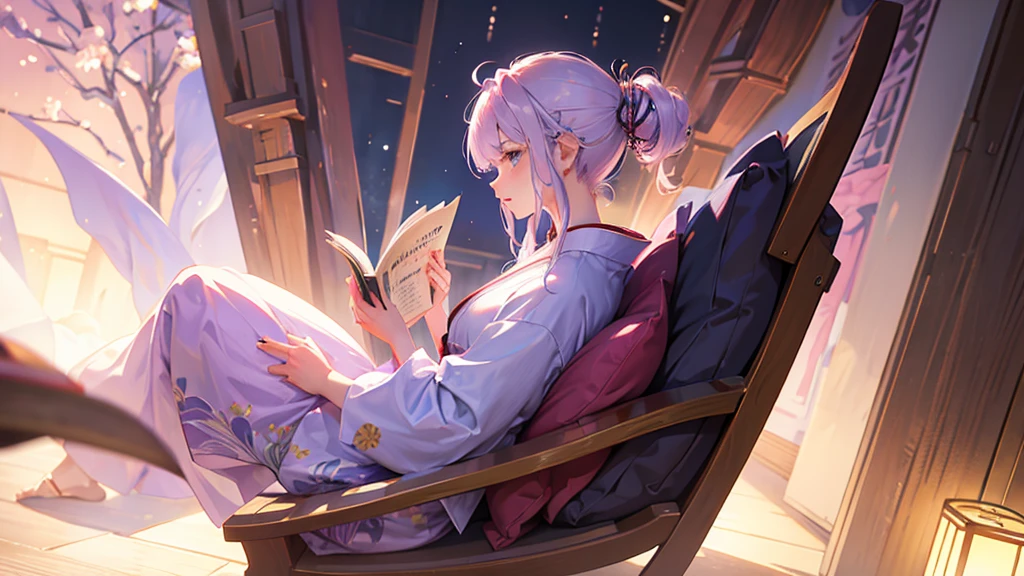 woman　clear　Light purple hair　　kimono　　Anime Style　reading　literature　Study
