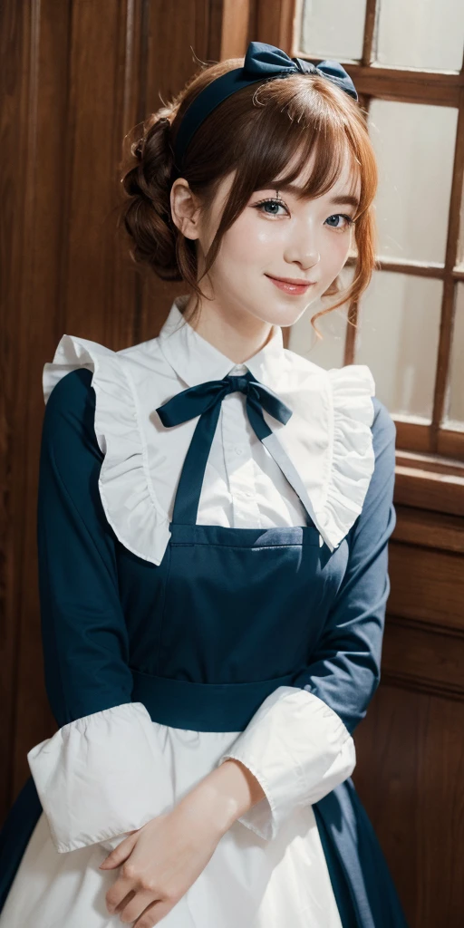 masterpiece,best quality,anime,(2d:1.2),indoors, , 1girl, roswaal mansion maid uniform, solo, maid, cyan blue eyes, short hair,bow hairband, hair between eyes, detached sleeves, looking at viewer, red hairband,ribbon, bangs, looking back, bow, orange hair,red ribbon, black sleeves, window, long sleeves, apron, white bow, frills,ribbon trim,light smile, own hands together,