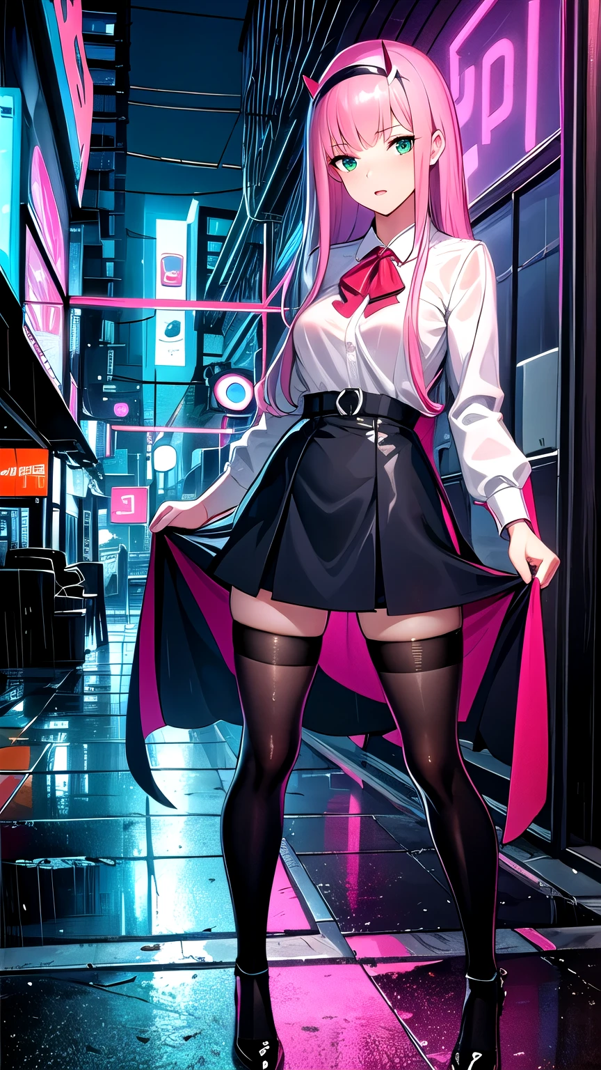 Masterpiece, top quality, best quality, official art, beautiful and aesthetic, anime, 1girl, Zero Two, extremely detailed, colorful, more detailed ((ultra-detailed)), (highly detailed CG illustration),horny,detailed face,pink hair, big green eyes,wet white blouse,short skirt,stockings, in middle,skinny fit, small breasts,blouse cleavege,street,night,cyberpunk,fullbody shot,rain,wet
