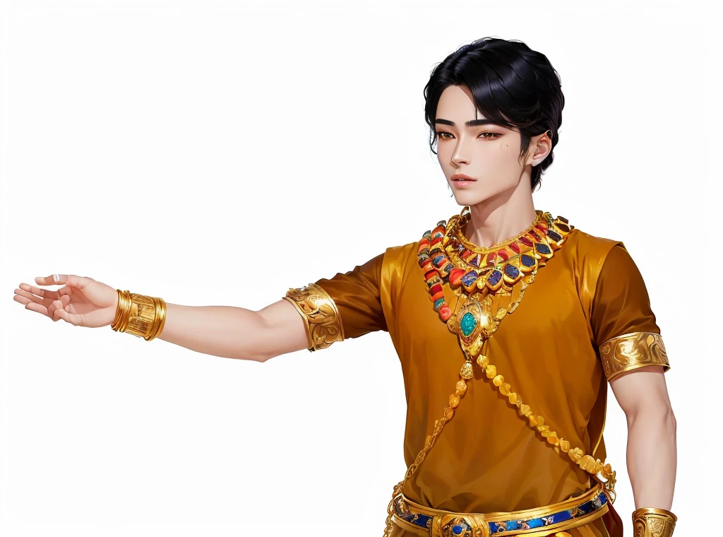 arafed man in a costume with a gold necklace and a gold belt, beautiful androgynous prince, inspired by Wuzhun Shifan, brown skin man egyptian prince, black emma watson as egyptian, jimin\'s grecian nose, beautiful young prince his eyes are big, lu ji, heise jinyao, inspired by Zhang Han, inspired by Bian Shoumin