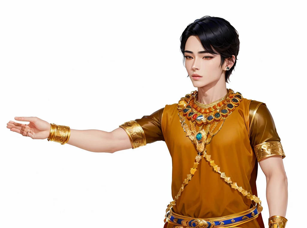 arafed man in a costume with a gold necklace and a gold belt, beautiful androgynous prince, inspired by Wuzhun Shifan, brown skin man egyptian prince, black emma watson as egyptian, jimin\'s grecian nose, beautiful young prince his eyes are big, lu ji, heise jinyao, inspired by Zhang Han, inspired by Bian Shoumin