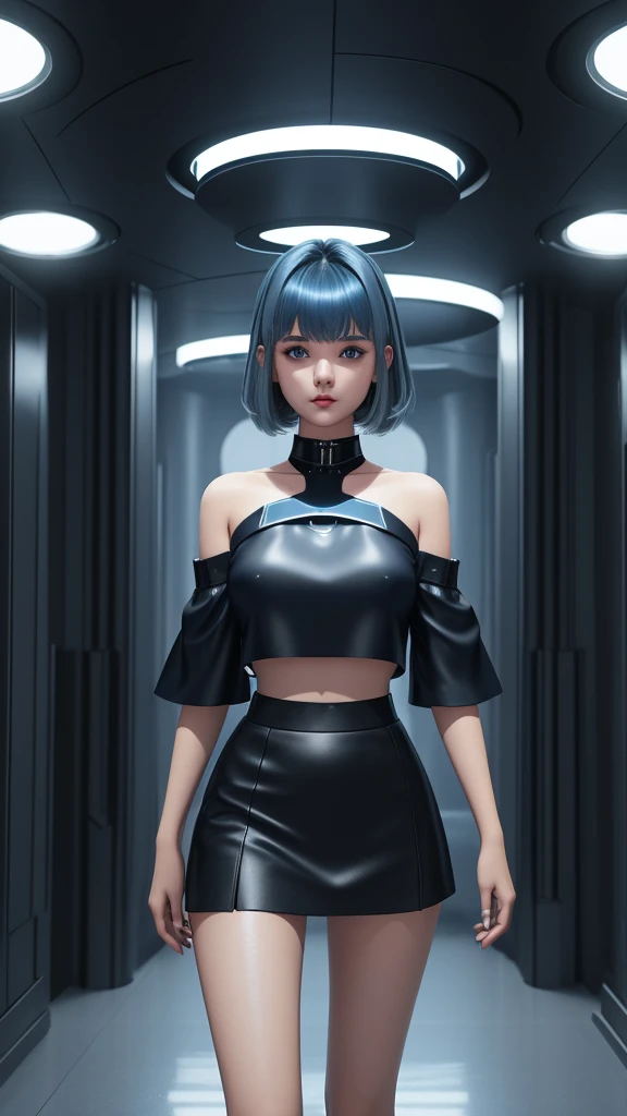A girl, gleaming dark blue blonde hair, wearing a futuristic-style short-sleeved off-the-shoulder top, futuristic-style black short skirt, standing in a room overlooking the futuristic city.,3D,18k,ultra fine details.