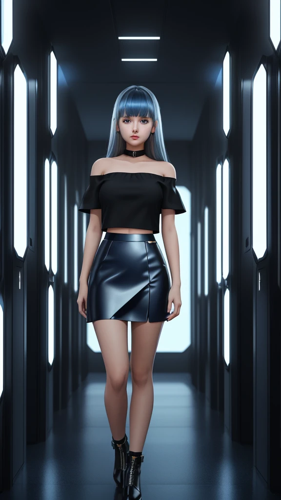 A teenage girl, gleaming dark blue blonde hair, wearing a futuristic-style short-sleeved off-the-shoulder top, futuristic-style black short skirt, standing in a room overlooking the futuristic city.,3D,18k,ultra fine details.