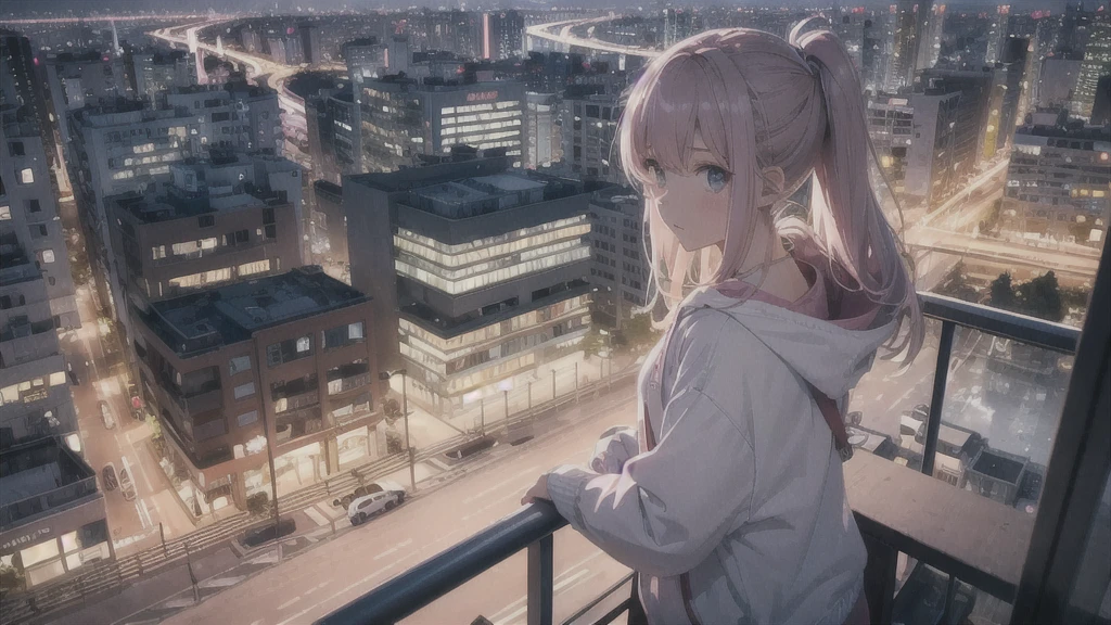 A young girl on a high-rise balcony, leaning on the railing and gazing at the night cityscape. She is listening to music with white headphones, wearing a white tank top and an open pink hoodie. The scene is viewed from the side, showing the girl's profile. The night cityscape is beautifully lit, viewed from a slightly elevated angle. The overall style is anime-inspired, with an elegant and calm atmosphere, perfect for a relaxing lofi music video.