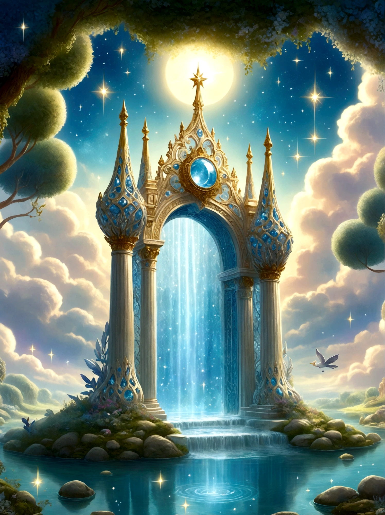 Imagine a majestic throne room beyond the human realm, as described in the first book of Enoch, The room is filled with grandeur, dominated by an enormous throne made of pure, shimmering crystal. Beside the throne, four rivulets of water spring forth, symbolizing the four rivers of paradise, The room is brightly illuminated by radiant light, and the floor is like a radiant, clear crystal, Beautifully carved pearly gates lead into the chamber, while myriad stars twinkle high above in the vaulted, celestial ceiling, A soft, ethereal mist permeates the air, further enhancing the mystical atmosphere