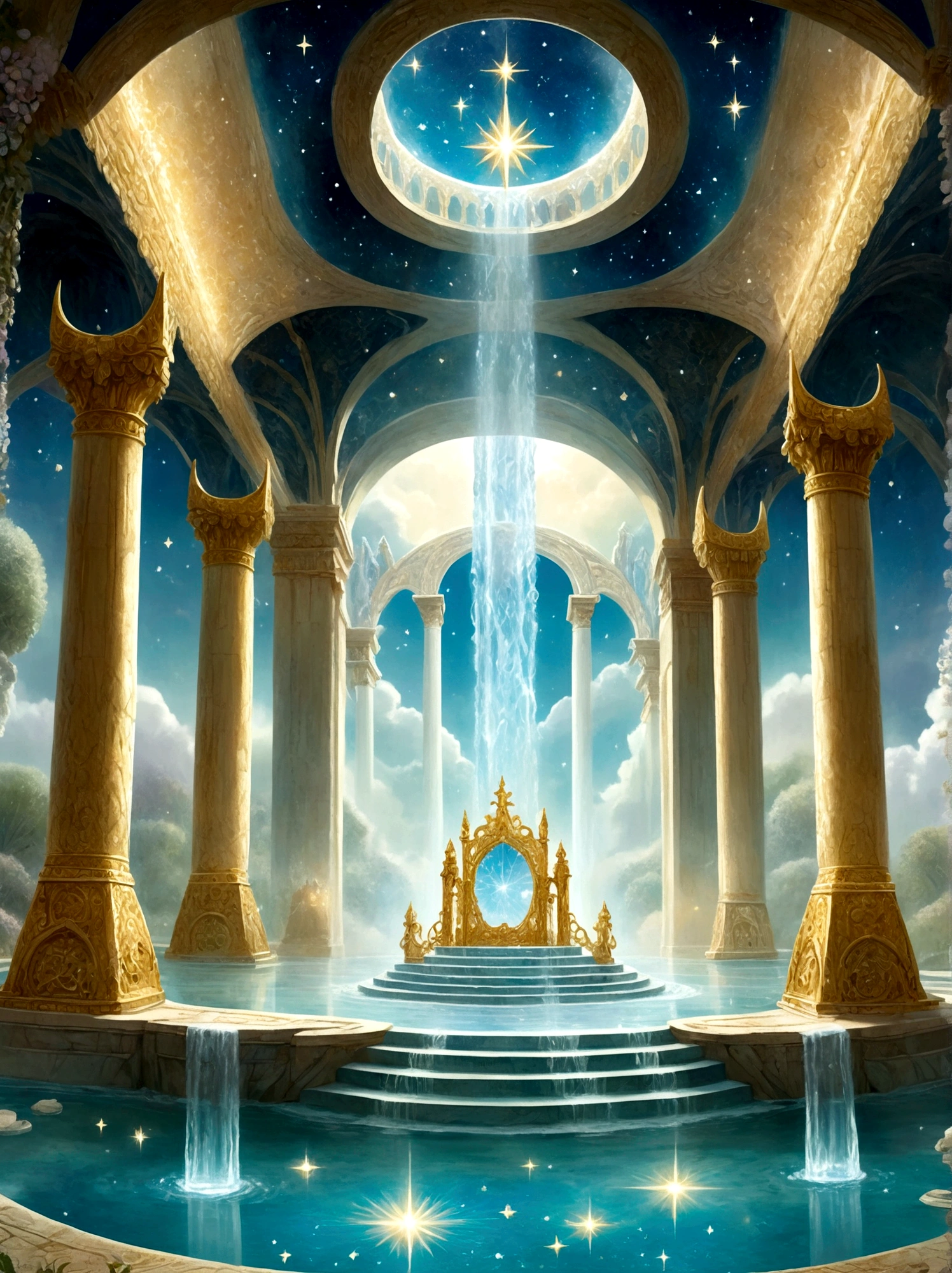 Imagine a majestic throne room beyond the human realm, as described in the first book of Enoch, The room is filled with grandeur, dominated by an enormous throne made of pure, shimmering crystal. Beside the throne, four rivulets of water spring forth, symbolizing the four rivers of paradise, The room is brightly illuminated by radiant light, and the floor is like a radiant, clear crystal, Beautifully carved pearly gates lead into the chamber, while myriad stars twinkle high above in the vaulted, celestial ceiling, A soft, ethereal mist permeates the air, further enhancing the mystical atmosphere