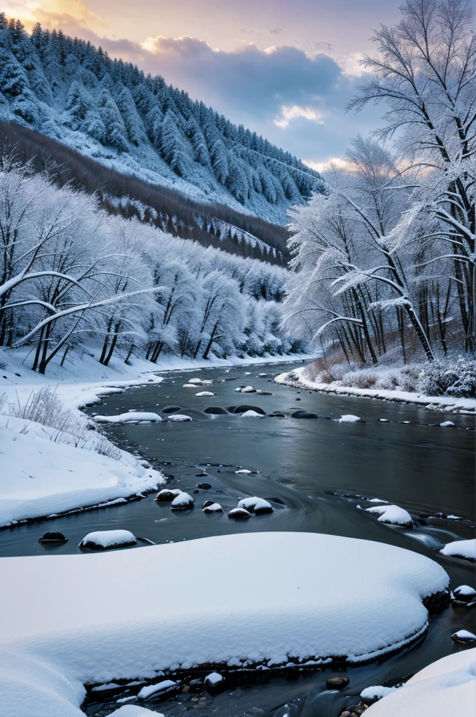 Create a HD wallpaper that includes a river and a clean sky and some little snow fall
