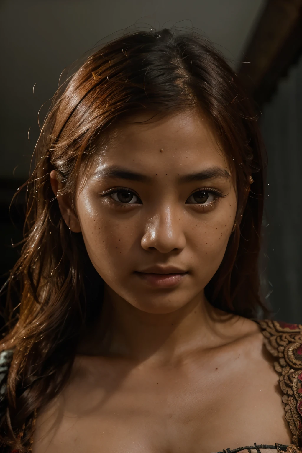 (8k, RAW photo, highest quality), beautiful newari nepali(asian) girl, close up, dress, (detailed eyes:0.8), defiance512, (looking at the camera:1.4), (highest quality), (best shadow), intricate details, interior, ginger hair:1.3, dark studio, muted colors, freckles, instagram ratio