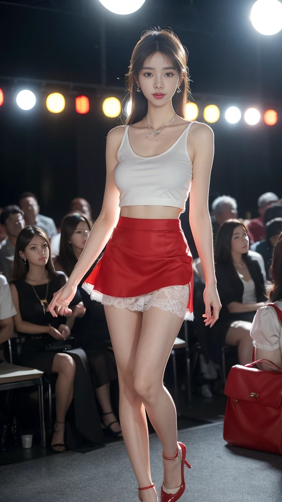 8K, masterpiece, RAW photos, best quality, Reality, extremely detailed CG unity 8K wallpaper, Depth of Field, light, lens flare, Ray Tracing, (Extremely beautiful face, Beautiful lips, beautiful eyes), Complex facial details, ((Ultra-delicate skin)) 1 Girl, in the darkness, Deep Shadows, Beautiful Korean girl, Korean Idol,(Very slim slender fit-muscled body:1.3), ((Looking at the audience)),(A bright smile:1.3), (Fashion City Night, (Neon), (Blurred background), midnight, (nobody), (背景中nobody:1.3), Beautiful Korean girl, White Diamond Earrings, Diamond Bracelet, Deya Necklace, Pantyhose, Clear eyes, walk , front Photo, (Pale skin), Facing forward, (big eyes), full-body shot, ((see through, White top)), ((Red Skirt :1.3)), (Brown hair) (Looking at the audience:1.3), (Lace), Very slim, Medium breasts, Hermès bag