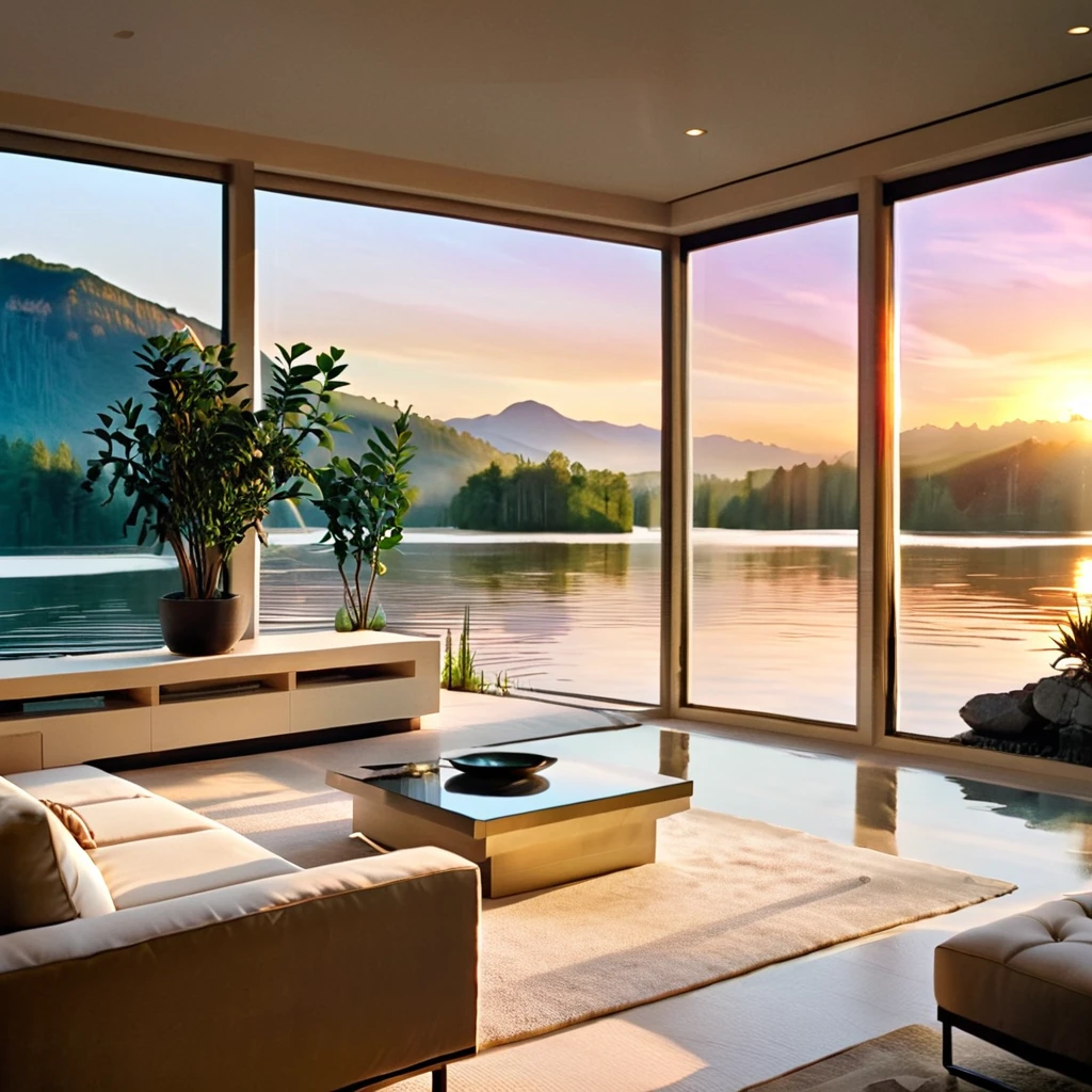 A minimalist and modern living room with a large open window view of a sunset over a peaceful lake. The room features sleek, contemporary furniture with clean lines, neutral tones, and minimalistic decor. The space is brightened by natural light and complemented with a few strategically placed indoor plants and subtle lighting elements.