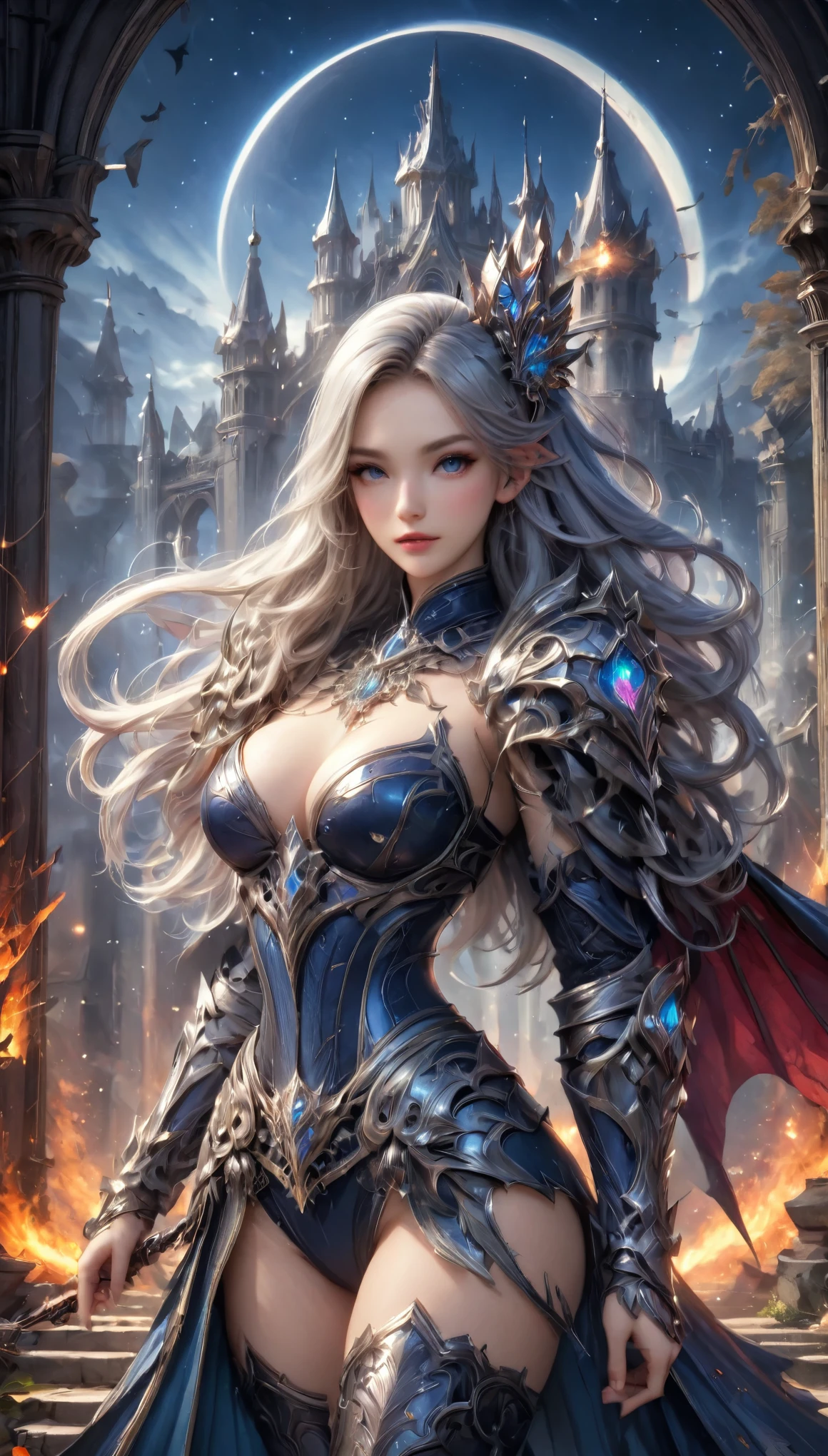 8K resolution, masterpiece, Highest quality, Award-winning works, unrealistic, From above, erotic, sole sexy lady, healthy shaped body, 22 years old, dark knight, 170cm tall, huge firm bouncing busts,, white silver long wavy hair, Detailed facial depictions, Break, Mysterious blue eyes, Standard nose, Eyeliner, pink lips, sexy long legs, Clear skin, knight, A holy sword that emits seven-colored light, Gothic armor, Complex structure of armor, Seven-colored colorful armor, Clothed in flames, Phoenix Crest, elegant, Very detailed, Delicate depiction of hair, miniature painting, Digital Painting, artステーションコンセプトart, Smooth, Sharp focus, shape, artジャム、Greg Rutkowski、Alphonse Mucha、William Adolphe Bouguereau、art：Stephanie Law , Royal Jewel, nature, Symmetric, Greg Rutkowski, Charlie Bowwater, Unreal, Surreal, Dynamic Lighting, ファンタジーart, Complex colors, Colorful magic circle, flash, dynamic sexy poses, A kind smile, Mysterious Background, Aura, A gentle gaze, BREAK, Small faint lights and flying fireflies, night, lanthanum, 山の頂From above下界を見下ろす, Starry Sky, milky way, nebula, shooting star,, (Back view, Looking back towards the camera:1.3),