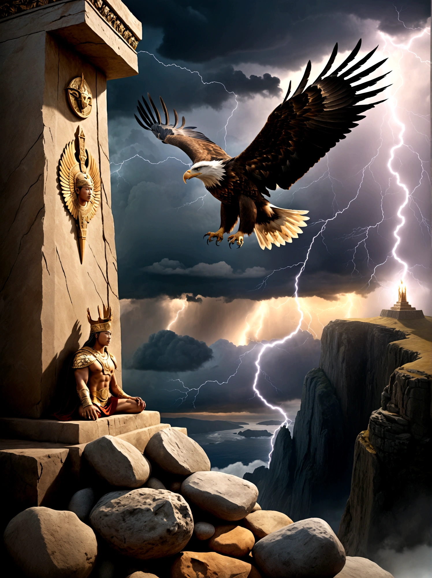 Illustrate a conceptual scene signifying power, Visualize an ancient stone throne, situated at the peak of a soaring cliff, The sky behind the throne anticipates an impending storm, and the wind forcefully sweeps the cliff, tossing loose rocks aside. An eagle, symbol of strength and majesty, soars above the throne, Lightning strikes in the distant horizon complete the scene, This scene symbolizes strength, leadership, and dominance, embodying the abstract concept of power