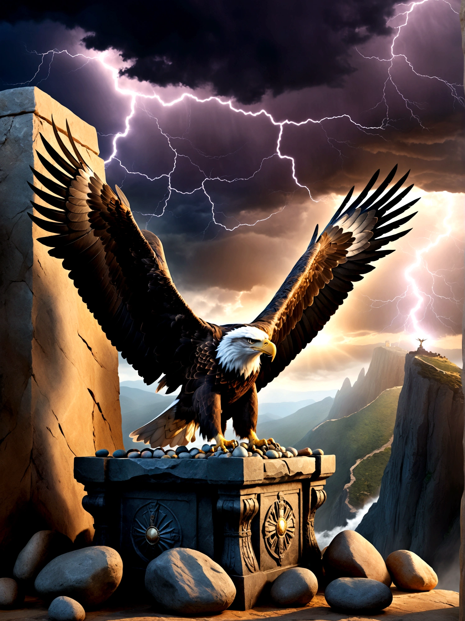 Illustrate a conceptual scene signifying power, Visualize an ancient stone throne, situated at the peak of a soaring cliff, The sky behind the throne anticipates an impending storm, and the wind forcefully sweeps the cliff, tossing loose rocks aside. An eagle, symbol of strength and majesty, soars above the throne, Lightning strikes in the distant horizon complete the scene, This scene symbolizes strength, leadership, and dominance, embodying the abstract concept of power