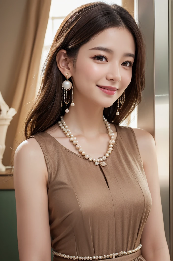 (8k, RAW photo, best quality, masterpiece:1.2),(High detail RAW color photo professional close photograph),(realistic, photo-realistic:1.37),(best shadow),(best illustration), (ultra high res,extremely detailed CG unity 8k wallpaper),(physically-based rendering),(cinematic lighting), (upper body portrait), sanachan, twicesana, 1Scientist, 1girl, solo, jewelry, wink, smile, brown hair, earrings, feathers And pearls top,