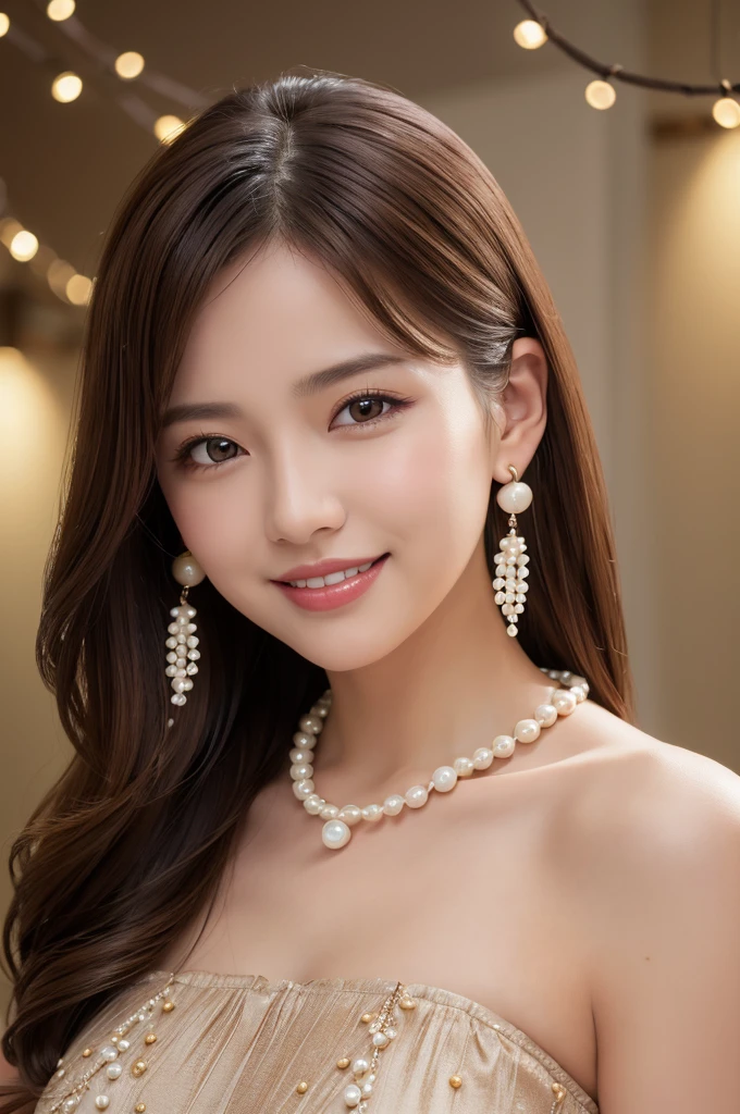(8k, RAW photo, best quality, masterpiece:1.2),(High detail RAW color photo professional close photograph),(realistic, photo-realistic:1.37),(best shadow),(best illustration), (ultra high res,extremely detailed CG unity 8k wallpaper),(physically-based rendering),(cinematic lighting), (upper body portrait), sanachan, twicesana, 1Scientist, 1girl, solo, jewelry, wink, smile, brown hair, earrings, feathers And pearls top,